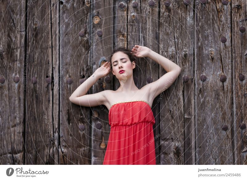 Portrait of a girl in red dress on a wooden door Lifestyle Elegant Style Beautiful Summer Human being Woman Adults 18 - 30 years Youth (Young adults) Gate Door