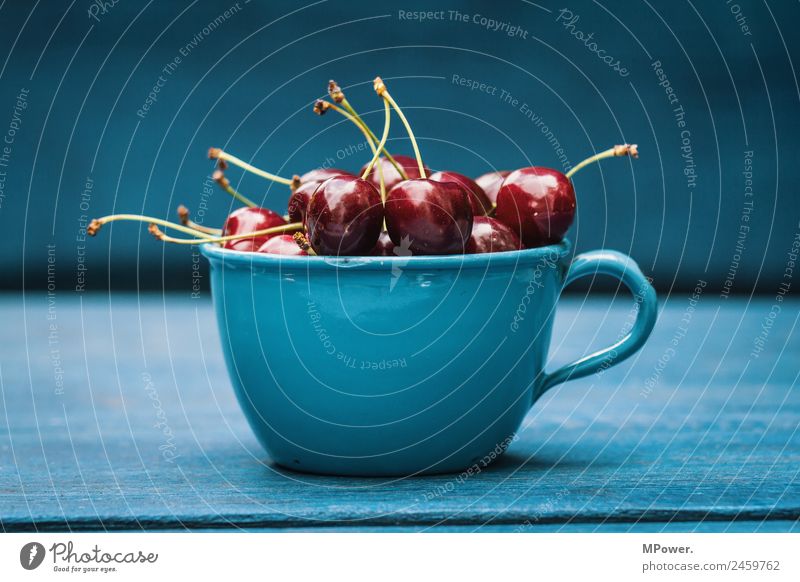 fresh cherries in blue cup Cherry Food Fruit Beautiful Sweet Delicious Red Blue Cup Organic produce Fresh Crunchy Healthy Eating Vitamin-rich Wooden table