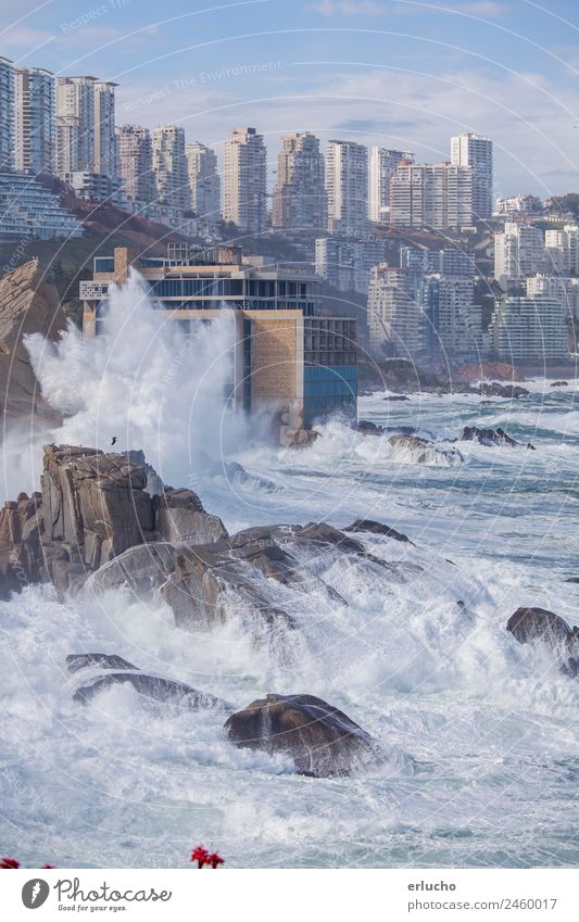 Vina del Mar, Chile Vacation & Travel Ocean Waves Nature Weather Storm Wind Rock Coast Beach Town Skyline High-rise Tower Building Architecture Facade Natural