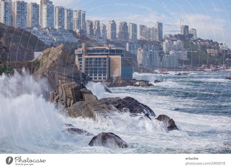 Vina del Mar, Chile Ocean Waves Environment Nature Water Climate Weather Storm Wind Rock Coast Beach Bay Town Port City Skyline High-rise Tower Building