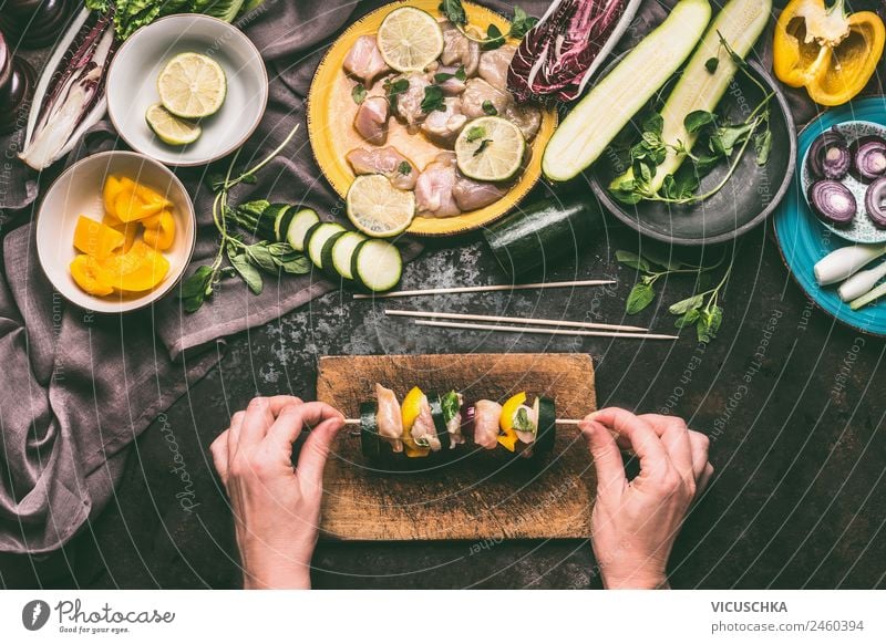 Female hands hold meat skewer with vegetables Food Meat Vegetable Nutrition Picnic Organic produce Style Design Living or residing Human being Feminine