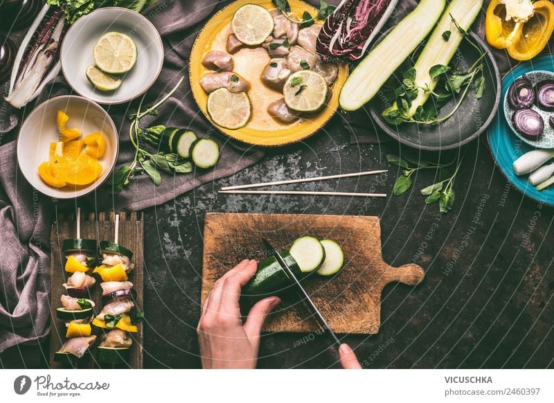 Female hands cut vegetables for grill Food Meat Vegetable Nutrition Picnic Organic produce Style Design Summer Living or residing Feminine Hand