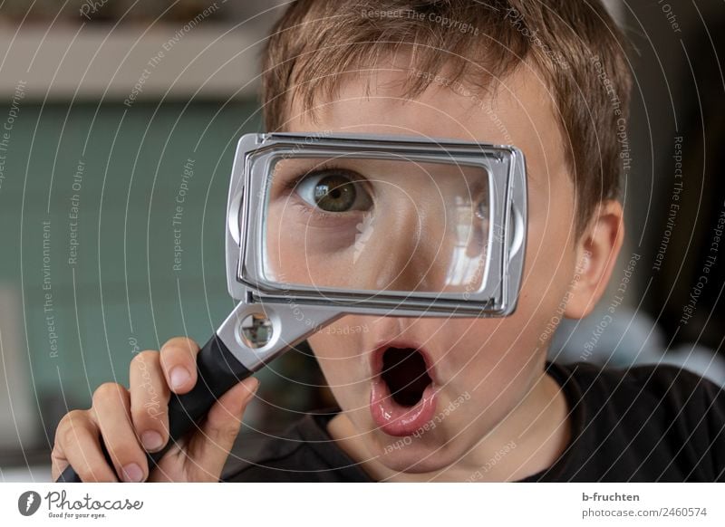 Child with magnifying glass Face Boy (child) Hand Fingers 3 - 8 years Infancy Glass Select Observe To hold on Brash Happiness Adventure Experience Accuracy