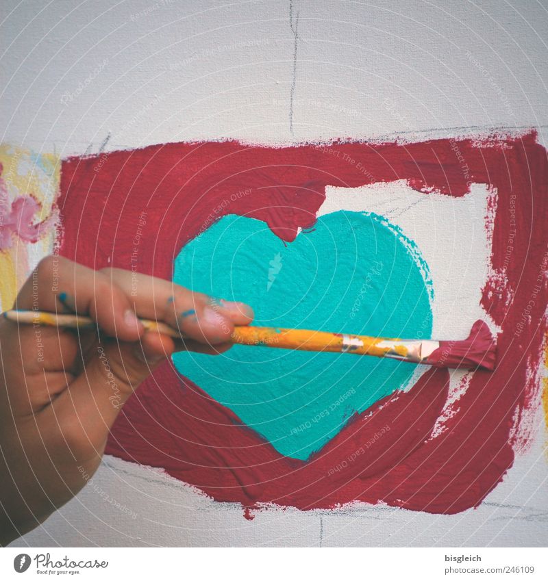 sweetheart Kindergarten Schoolchild Hand Fingers Art Artist Painter Paintbrush Heart Draw Green Red Love Painting (action, artwork) Colour photo Exterior shot