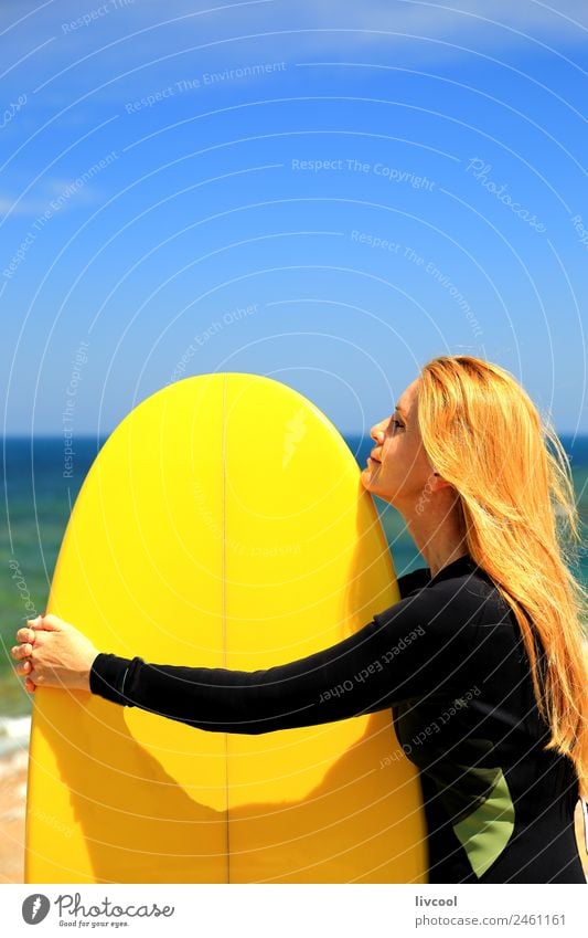 Surfer woman and yellow surfboard-France Beach Ocean Waves Sports Aquatics Woman Adults Sky Coast Blonde Observe Eroticism attractive Europe Basque Country