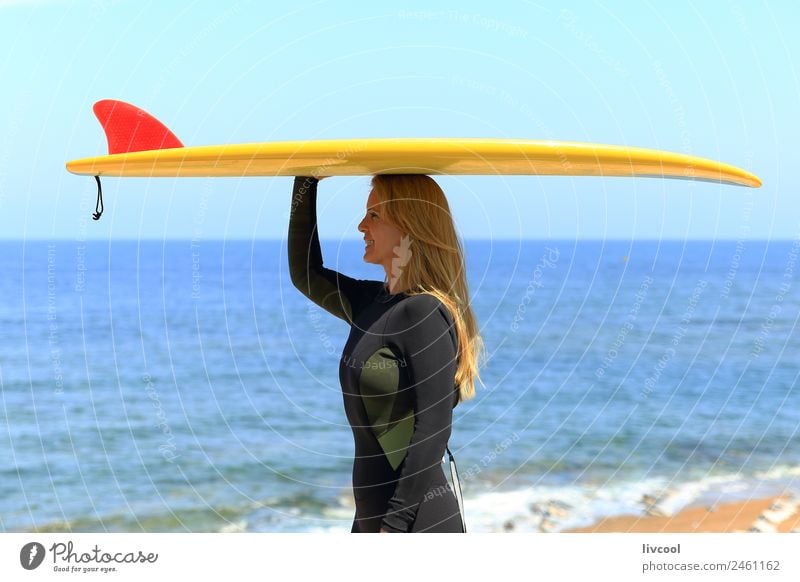 Surfer woman Beach Ocean Waves Sports Human being Feminine Woman Adults Body Sky Coast Blonde Eroticism attractive France Europe Basque Country Blue sky