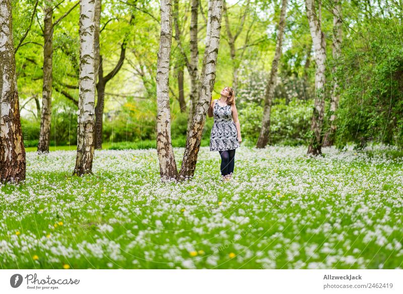 young woman on a flowering meadow in a birch forest Day Forest Meadow Birch tree Blossom Blossoming Flower Green Nature Spring Animal 1 Person Young woman