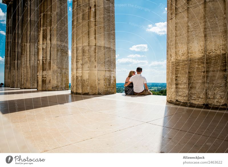 happy couple sitting between columns Germany Regensburg Walhalla Tourist Attraction Column Vantage point Far-off places Panorama (View) Danube Beautiful weather