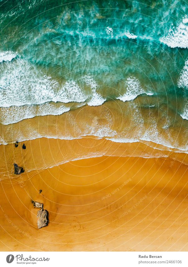 Aerial Panoramic Drone View Of Blue Ocean Waves And Beautiful Sandy Beach in Portugal Aircraft Abstract Vantage point Top Water Nature seascape