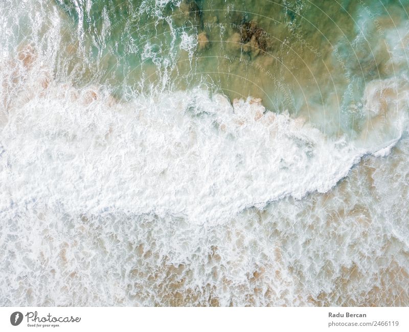 Aerial Panoramic Drone View Of Blue Ocean Waves Crushing On Sandy Beach in Portugal Aircraft Abstract Vantage point Top Water Nature Beautiful seascape