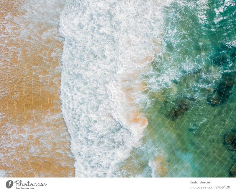 Aerial Panoramic Drone View Of Blue Ocean Waves Crushing On Sandy Beach in Portugal Aircraft Abstract Vantage point Top Water Nature Beautiful seascape