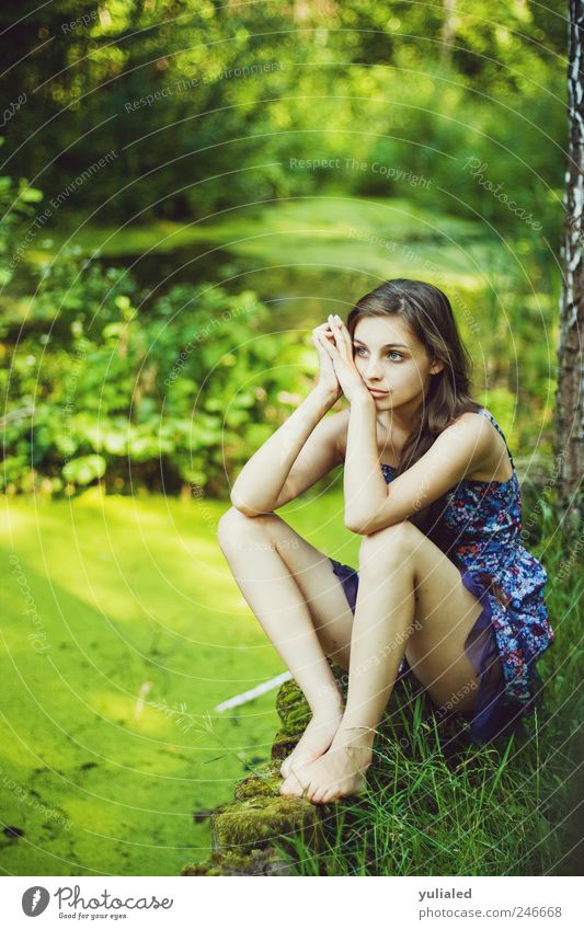Beautiful young woman Calm Meditation Island Feminine Youth (Young adults) Feet 1 Human being Landscape Water Summer Grass Virgin forest Bog Marsh Lake Emotions