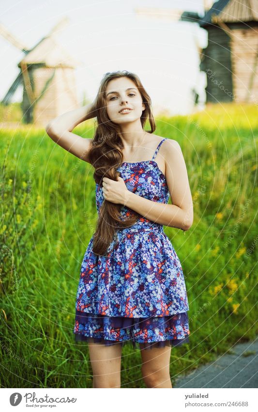 Beautiful young woman Hair and hairstyles Skin Summer Summer vacation Arm 1 Human being Horizon Beautiful weather Agricultural crop Meadow Field Emotions Moody