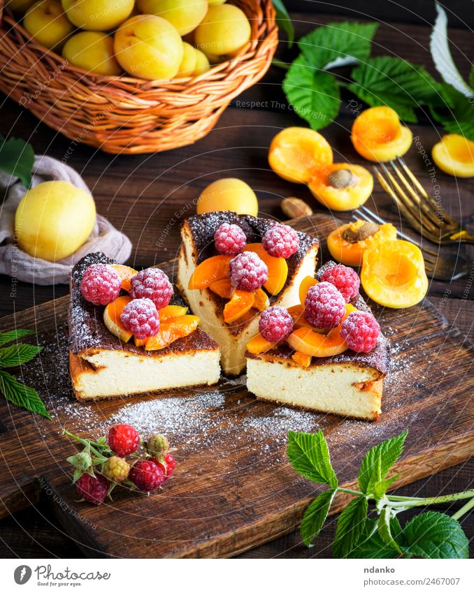 cottage cheese pie with strawberries Cheese Fruit Cake Dessert Nutrition Fork Table Fresh Bright Delicious Brown Red White Colour Raspberry Apricot cheesecake