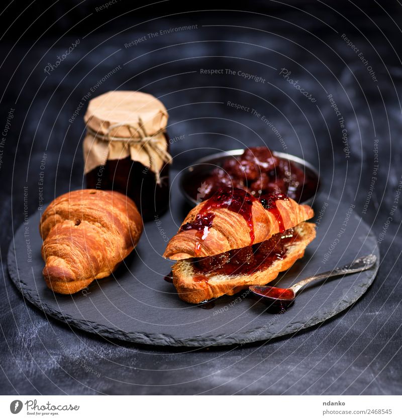 baked croissants with strawberry jam Bread Roll Croissant Dessert Jam Breakfast Spoon Table Eating Fresh Delicious Brown Tasty background french food sweet Meal