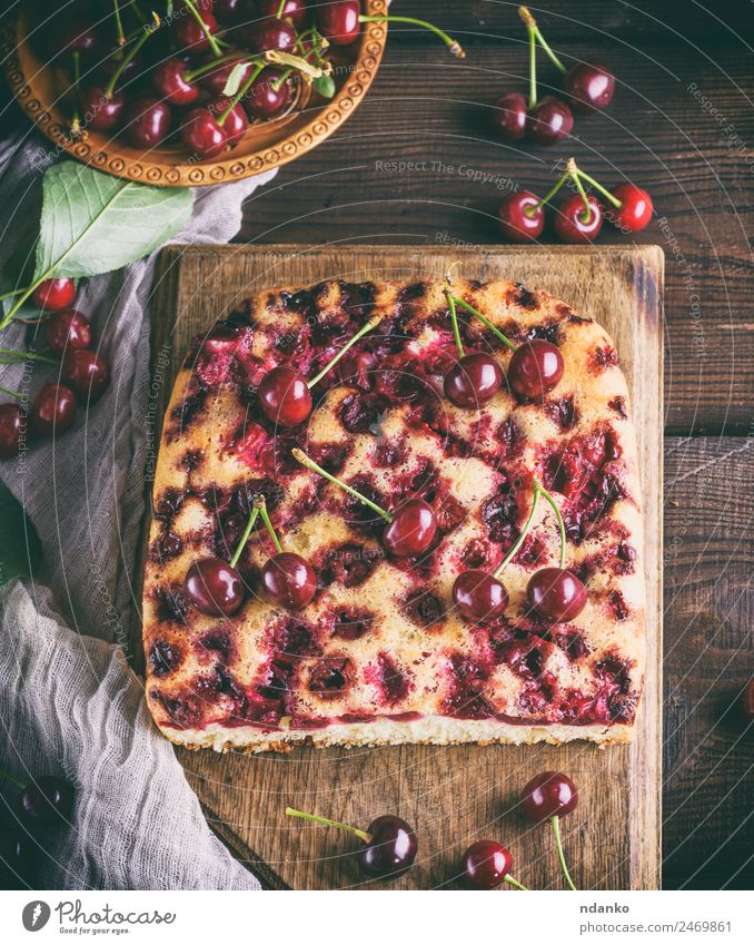 baked cake with cherries Fruit Cake Dessert Candy Bowl Wood Eating Fresh Delicious Above Brown Red Cherry Pie piece background Baking Bakery Berries Cut food