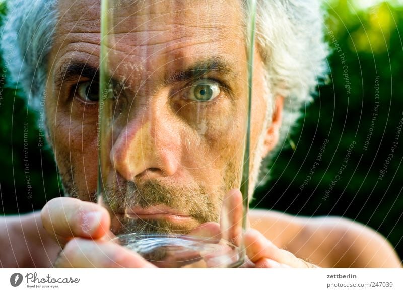 transparency Garden Masculine Man Adults Face Eyes Nose Mouth 45 - 60 years Plant Glass Looking Growth Garden plot Gaze Vista Direct Colour photo Exterior shot