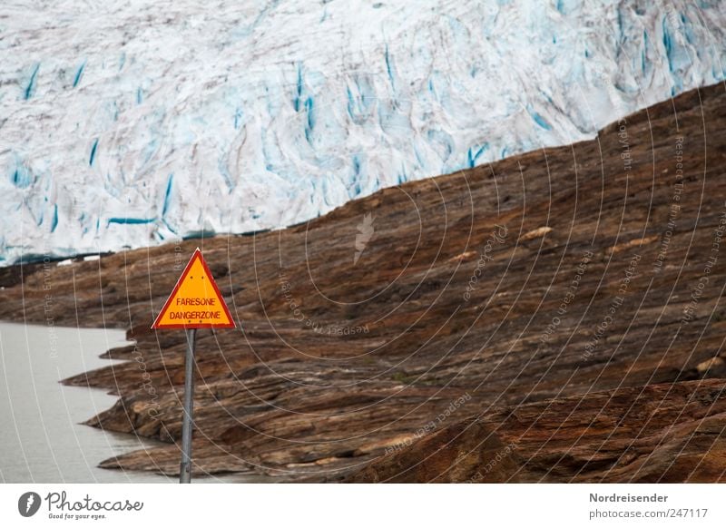 reference Nature Landscape Elements Climate Climate change Ice Frost Glacier Sign Signs and labeling Signage Warning sign Threat Gigantic Blue Brown Attentive