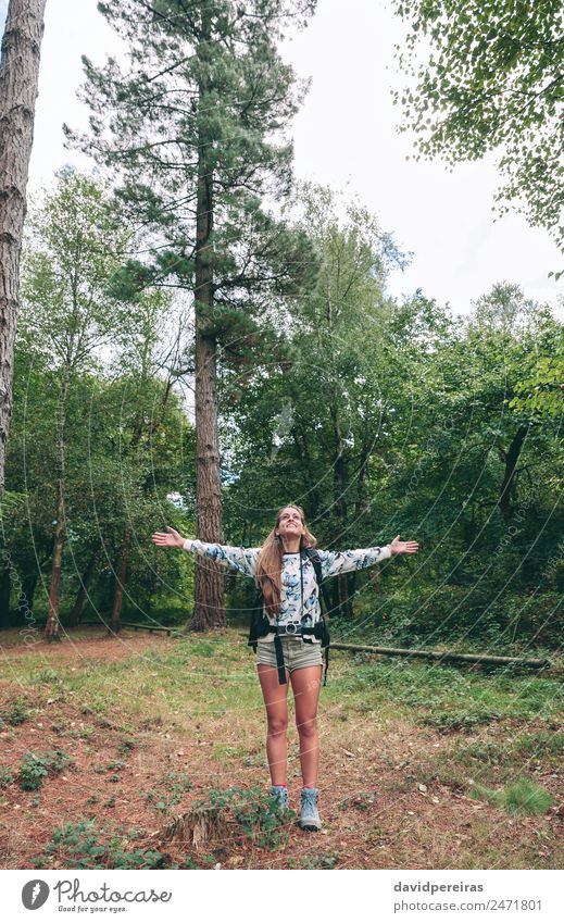 Hiker woman with backpack raising her arms Lifestyle Joy Happy Relaxation Leisure and hobbies Vacation & Travel Trip Adventure Freedom Summer Mountain Hiking
