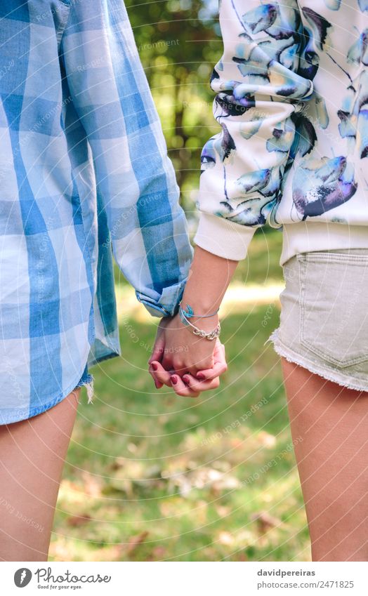 Closeup of women holding hands over nature background. Lifestyle Happy Leisure and hobbies Summer Human being Woman Adults Friendship Couple Hand Fingers Nature