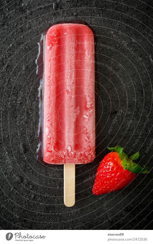 Strawberry popsicle on black stone Food Fruit Dessert Ice cream Candy Nutrition Eating Organic produce Vegetarian diet Cold Summer Water Sweet Red Stone Black