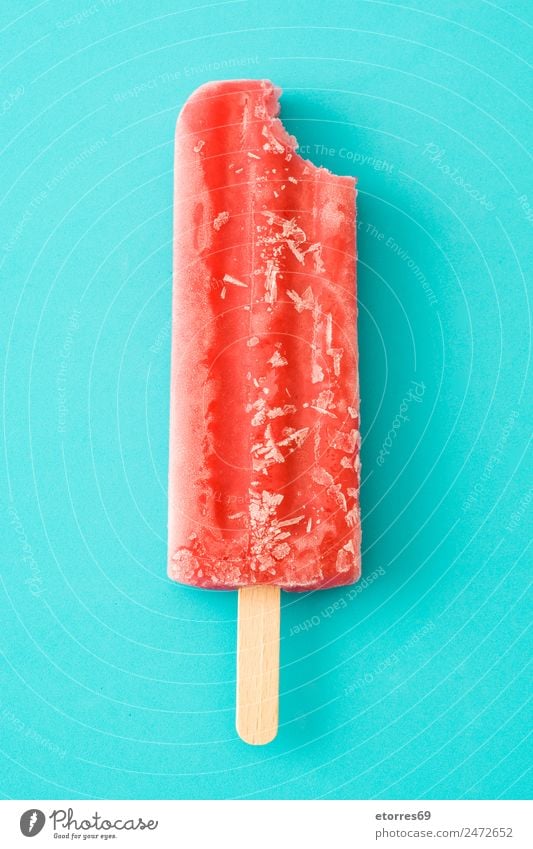 Strawberry popsicle Food Fruit Dessert Ice cream Fresh Cold Sweet Pink Red Turquoise Strawberry ice cream Summer Frozen Blue Home-made Colour photo Studio shot
