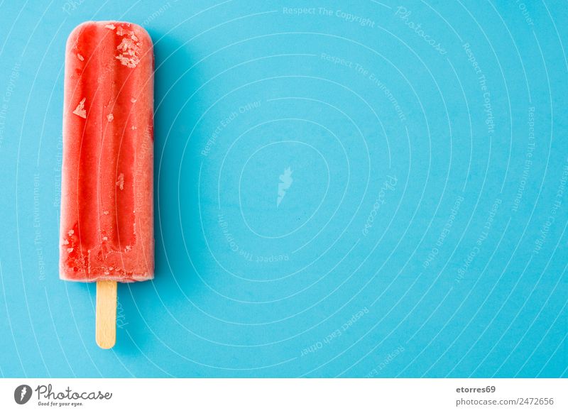 Strawberry popsicle Food Dairy Products Fruit Dessert Ice cream Candy Fresh Cold Sweet Blue Pink Red Strawberry ice cream Summer Frozen Copy Space right Tasty