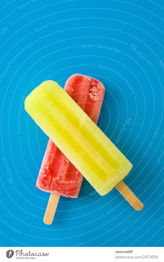 Lemon and strawberry popsicles Food Fruit Dessert Ice cream Candy Fresh Cold Sweet Blue Multicoloured Yellow Red Strawberry ice cream Summer Frozen Refreshment
