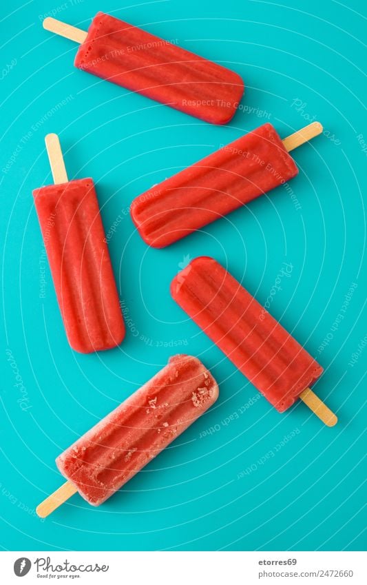 Strawberry popsicles Food Fruit Dessert Ice cream Vegetarian diet Healthy Cold Sweet Red Turquoise Refreshment Strawberry ice cream Summer Fresh Frozen Blue