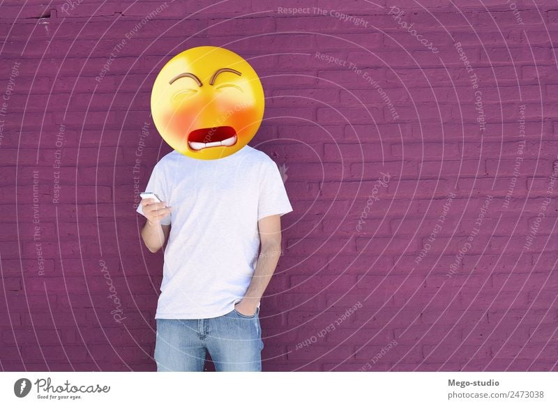 Sad Emoji head man using a smartphone. Lifestyle Style Happy Business To talk Telephone PDA Technology Internet Human being Boy (child) Man Adults Smiling Sit