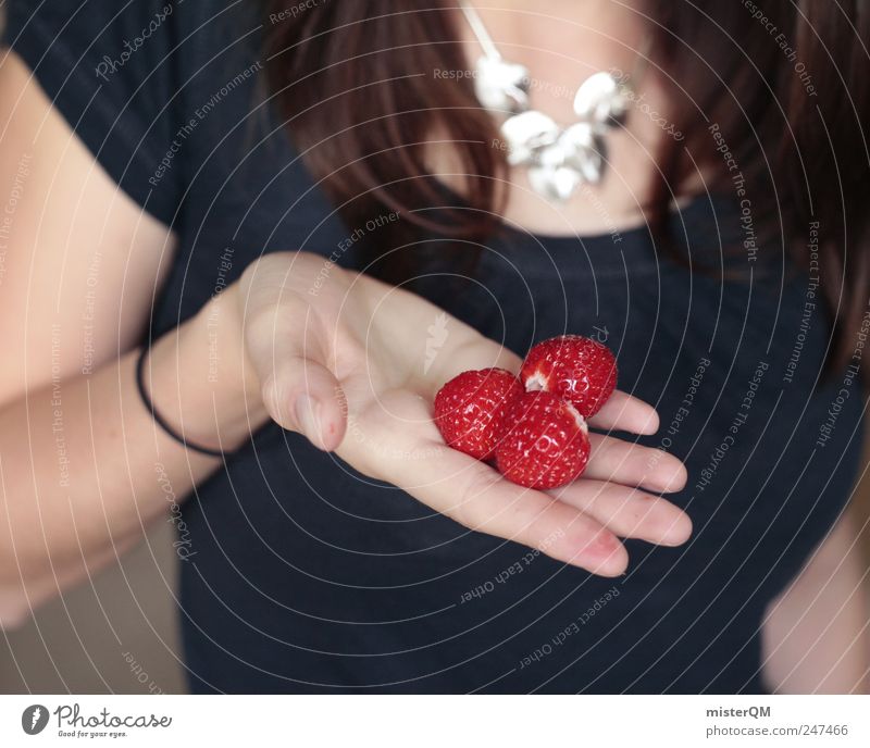 Own harvest. Nature Esthetic Harvest Seasonal farm worker Find Discover 3 Strawberry Woman Presentation Hand Indicate To hold on Upper body Red Patch of colour