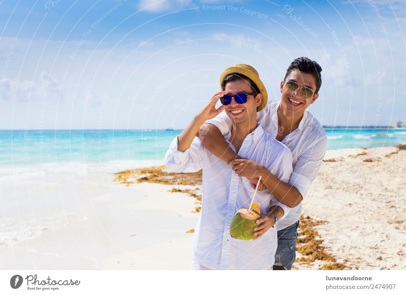 Gay couple on holidays in Cancun Lifestyle Style Joy Vacation & Travel Tourism Sun Beach Wedding Homosexual Man Adults Friendship Couple Sand Fashion Clothing
