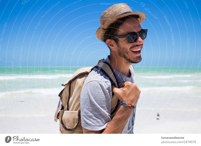 Young traveler on the beach with a hat and backpack Lifestyle Exotic Relaxation Leisure and hobbies Vacation & Travel Adventure Freedom Summer Sun Beach