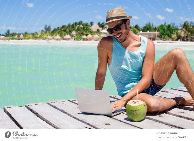 Concept of digital nomad or remote worker. Lifestyle Relaxation Vacation & Travel Summer Beach Work and employment Business Computer Notebook Technology