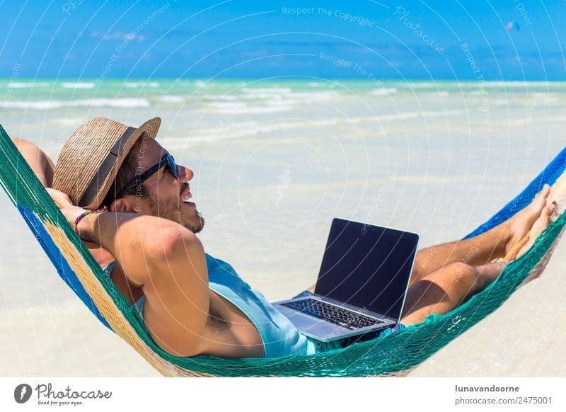 Digital nomad, remote worker with a laptop on a hammock Lifestyle Vacation & Travel Summer Beach Work and employment Business Computer Notebook Technology