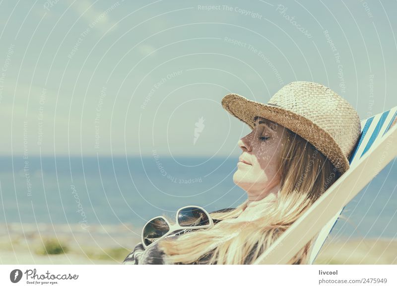 beauty lady at sun, france Relaxation Beach Ocean Waves Human being Feminine Woman Adults Female senior 45 - 60 years Sky Coast Hat Blonde To enjoy Eroticism