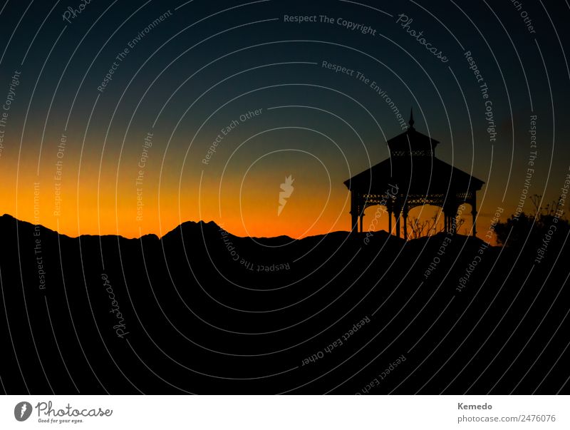 Silhouette of an old metal gazebo at sunset. Relaxation Calm Meditation Vacation & Travel Mountain Nature Landscape Sky Clouds Night sky Horizon Sunrise Sunset
