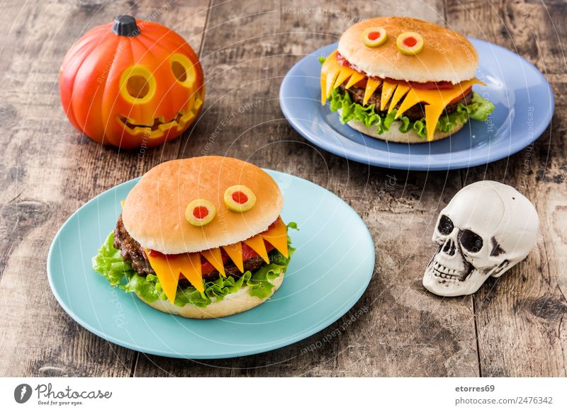 Halloween burger monsters on wood Hallowe'en Hamburger Monster Food Healthy Eating Food photograph Funny Fear Meat Feasts & Celebrations Seasons Holiday season