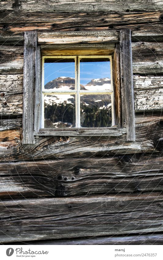 Room with mountain view Sky Spring Alps Mountain Peak Snowcapped peak Hut Wall (barrier) Wall (building) Block plank Wooden wall Window Old Blue Brown Idyll