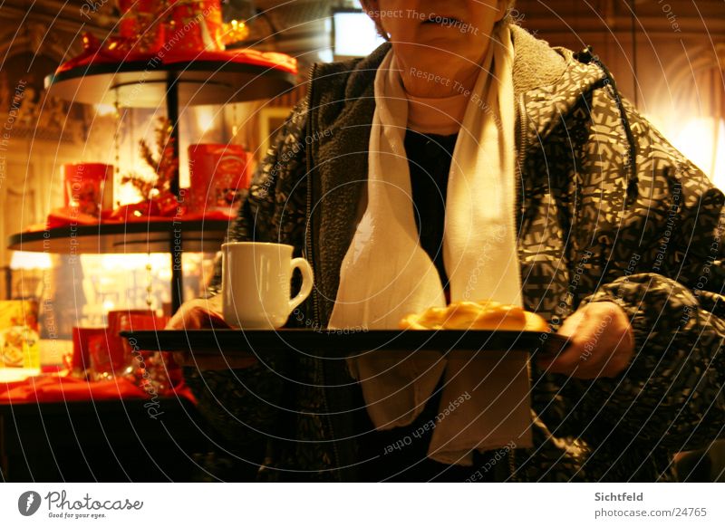 Grandma in the Bistro Senior citizen Braids Scarf Sidewalk café Bar Restaurant Light Tray Woman Female senior Morning chocolate Tea Coffee Christmas & Advent