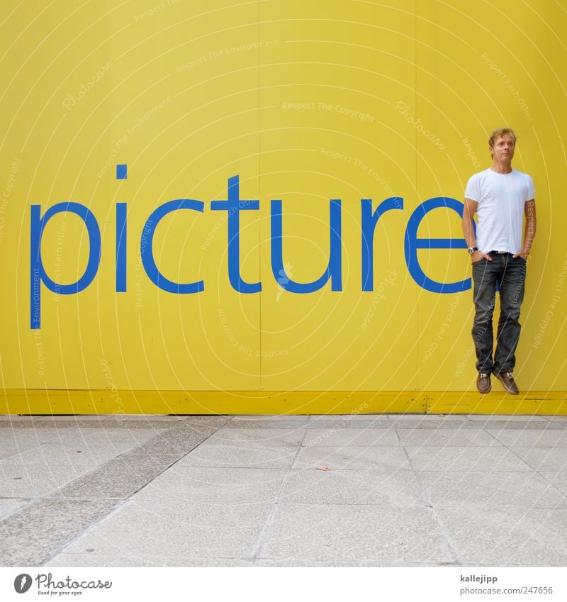 who stole my picture? Human being Masculine Man Adults Life 1 Sign Characters Signs and labeling Jump Image Wall (building) Advertising English Hover Yellow