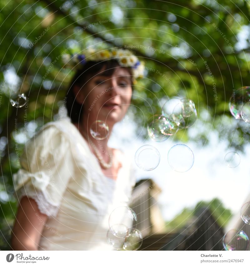 Soap Bubbles | UT Dresden Feminine Woman Adults 1 Human being 30 - 45 years Summer Tree Wedding dress Flower wreath Brunette Soap bubble Observe Flying