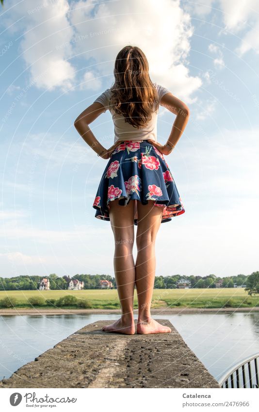 What if ... | Thought experiment. If the young woman stands on the Elbe and looks up at the sky Trip Summer Feminine 1 Human being Landscape Water Sky Clouds