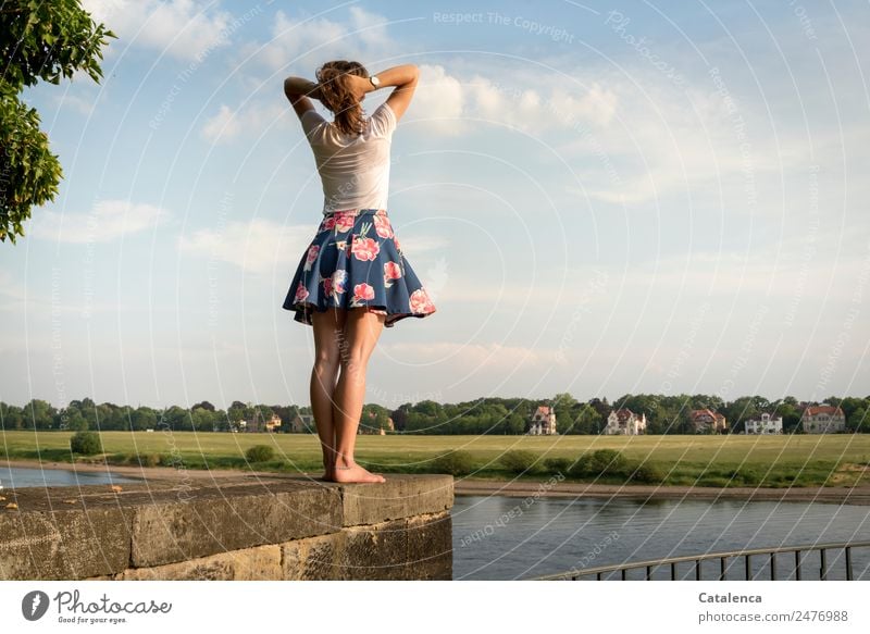 On the Elbe II, young woman on the Elbe river Feminine Young woman Youth (Young adults) 1 Human being Landscape Sky Clouds Summer Beautiful weather Tree Grass