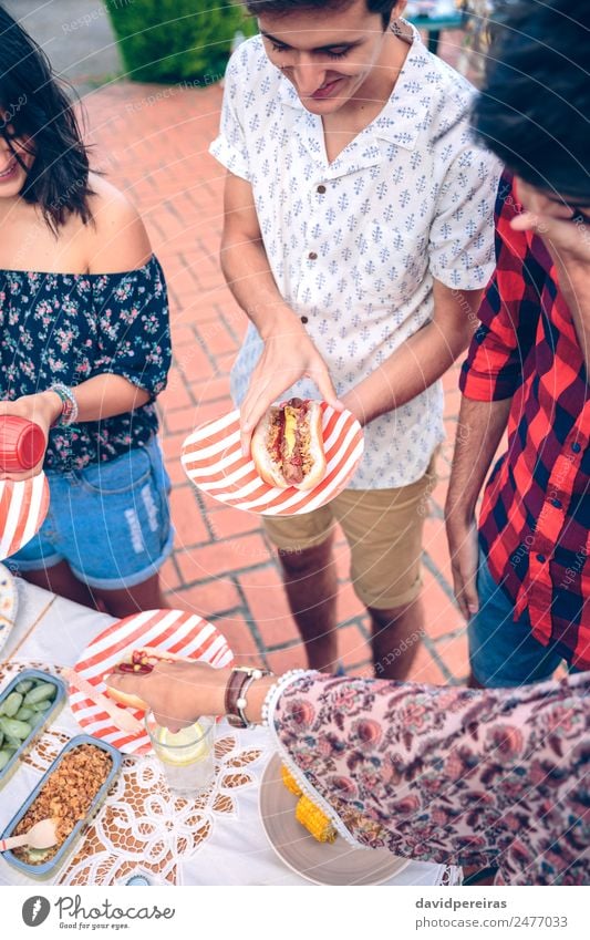 Young man holding hot dog in a barbecue with friends Sausage Bread Roll Lunch Fast food Lemonade Plate Lifestyle Joy Happy Summer Woman Adults Man Friendship