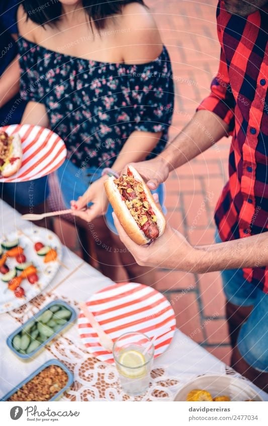 Man holding hot dog in barbecue with friends Sausage Bread Roll Eating Fast food Lemonade Plate Lifestyle Joy Happy Summer Table Woman Adults Friendship Hand