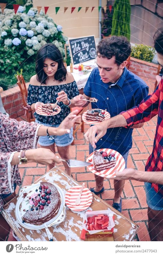 Friends eating cake and having fun in party Dessert Eating Lunch Plate Lifestyle Joy Happy Leisure and hobbies Summer Garden Table Feasts & Celebrations To talk