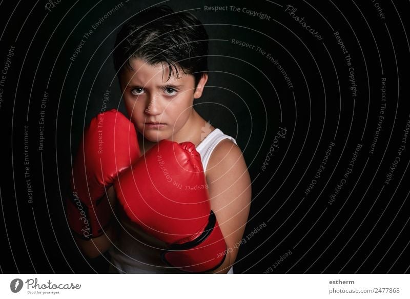 little boy with boxing gloves on black background Lifestyle Sports Martial arts Success Human being Child Boy (child) Infancy 1 8 - 13 years Fitness Aggression