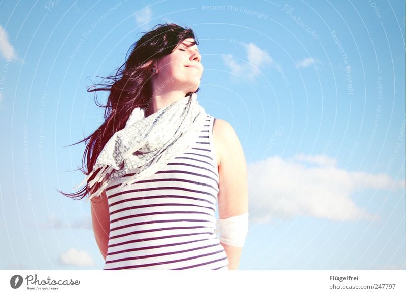 summer breeze Feminine Young woman Youth (Young adults) 1 Human being To enjoy Warmth Sunlight Clouds Sky Blue Striped Scarf Hair and hairstyles Blow Wind