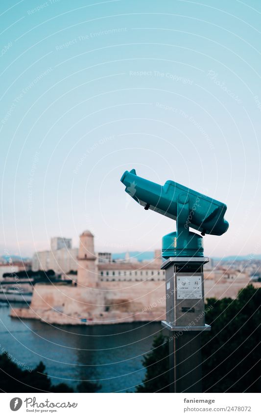 View // jardin du Pharo Town Port City Looking Binoculars Marseille Provence Vantage point Blue Twilight Turquoise Manmade structures Fortress Tower Blur Ocean